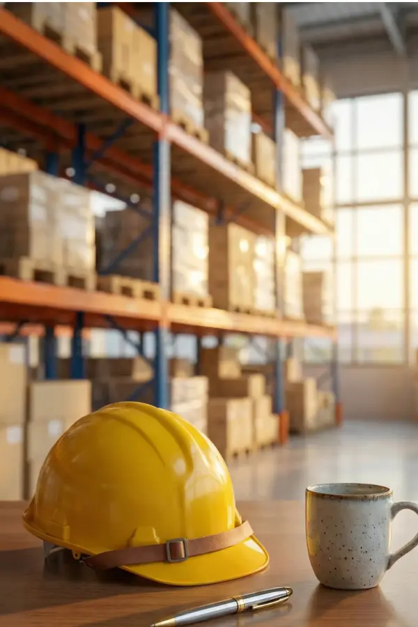 Warehouse still life featuring a hard hat and work essentials during downtime.