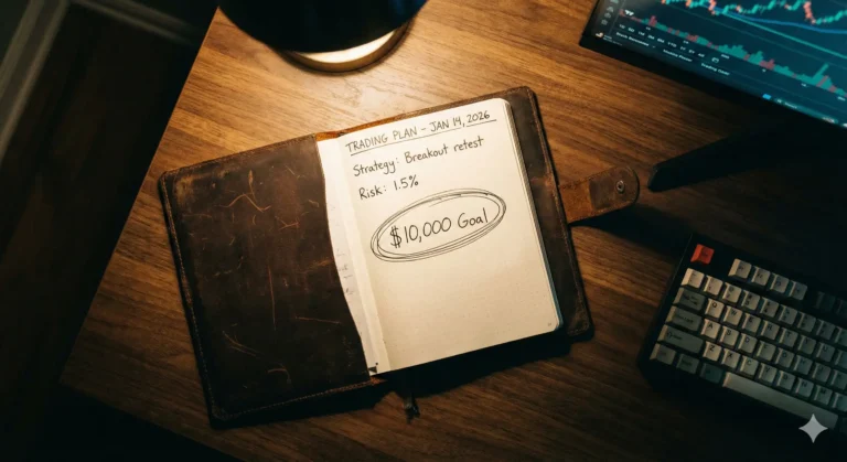 A top-down photograph of an open, worn, dark leather journal resting on a wooden desk under the focused pool of light from a desk lamp. Handwritten notes in ink show trading plans, dates, and the text "$10,000 Goal"
