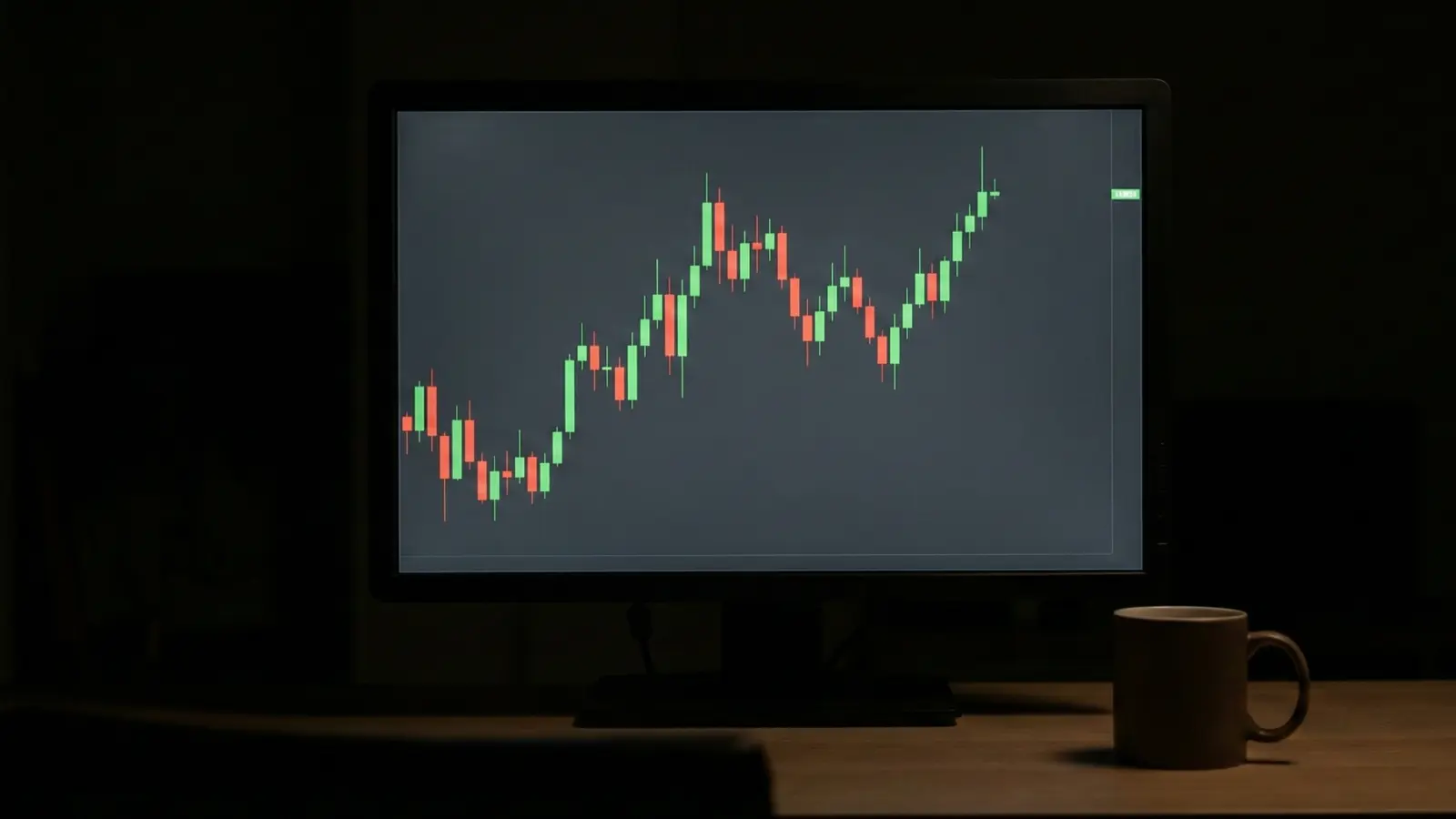 A minimalist desk setup late at night. A single computer monitor is the only major light source, displaying a very clean, professional, uncluttered candlestick trading chart with a potential setup forming. A simple dark ceramic mug sits beside the monitor.