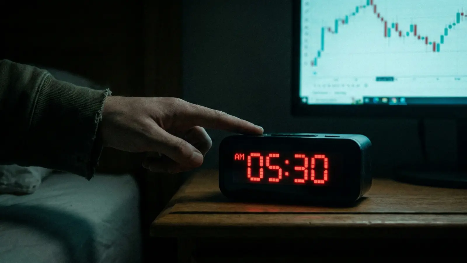 A close-up shot of a simple digital alarm clock on a dark nightstand, glowing bright red with the time "05:30 AM"