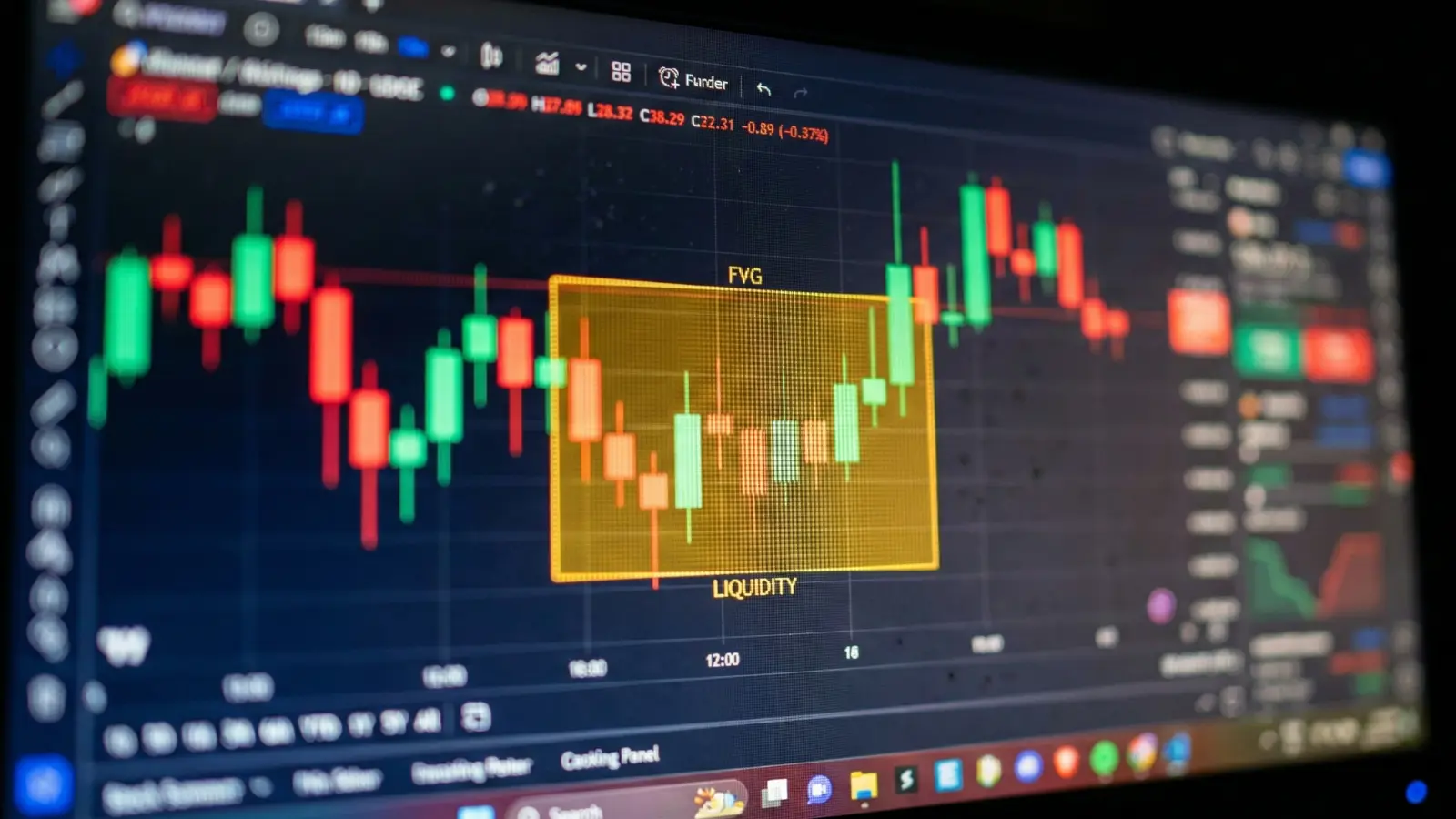 An extreme macro photograph of a lit computer monitor screen in a dark room. The focus is razor-sharp on just one specific section of a candlestick chart where a rectangular zone representing a "Fair Value Gap" (FVG)