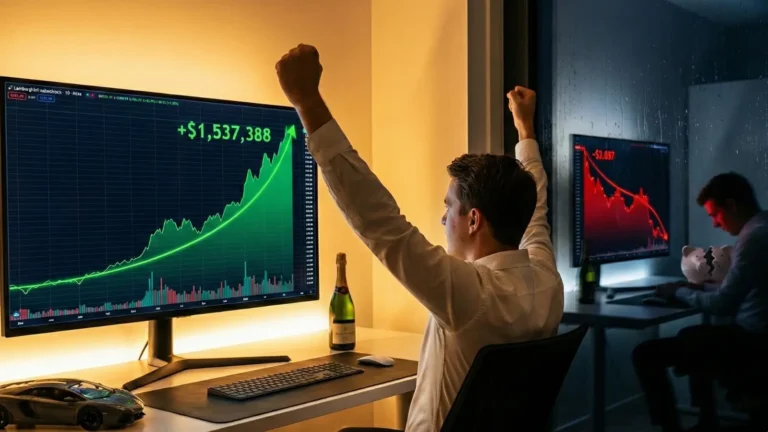 A trader euphoric over huge profits in 'God Mode' with champagne and a Lamborghini model on desk, contrasted with a dark reflection showing a market crash chart and a broken piggy bank, illustrating the dangers of trading success psychology.