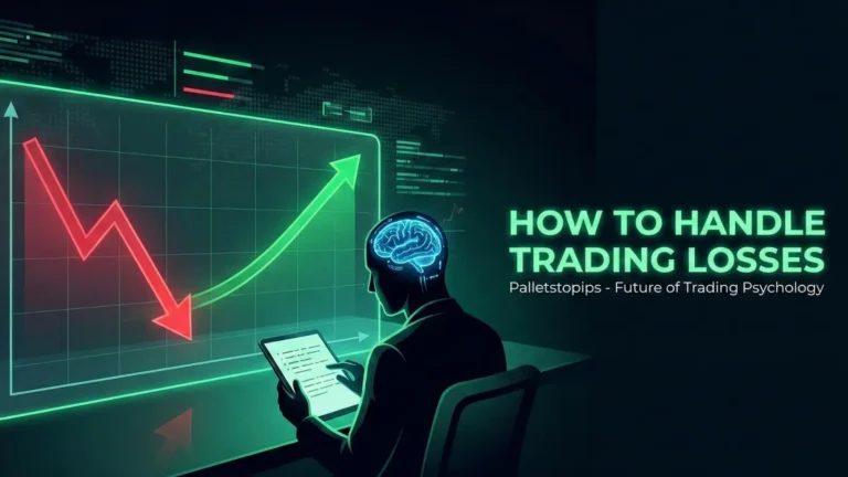 Futuristic trader handling losses: neon chart and psychology icon