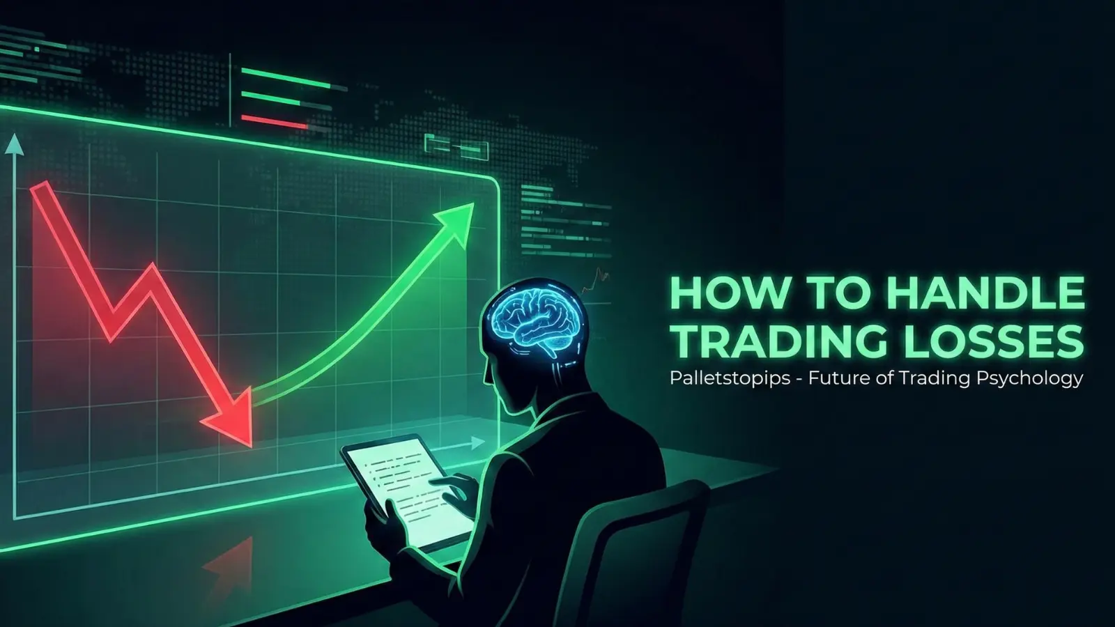 Futuristic trader handling losses: neon chart and psychology icon