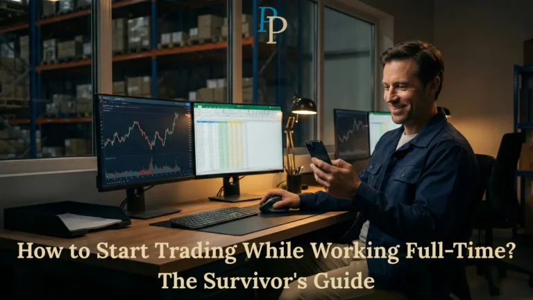 A smiling warehouse worker checking stock trades on his smartphone during a night shift, with financial charts displayed on his dual office monitors