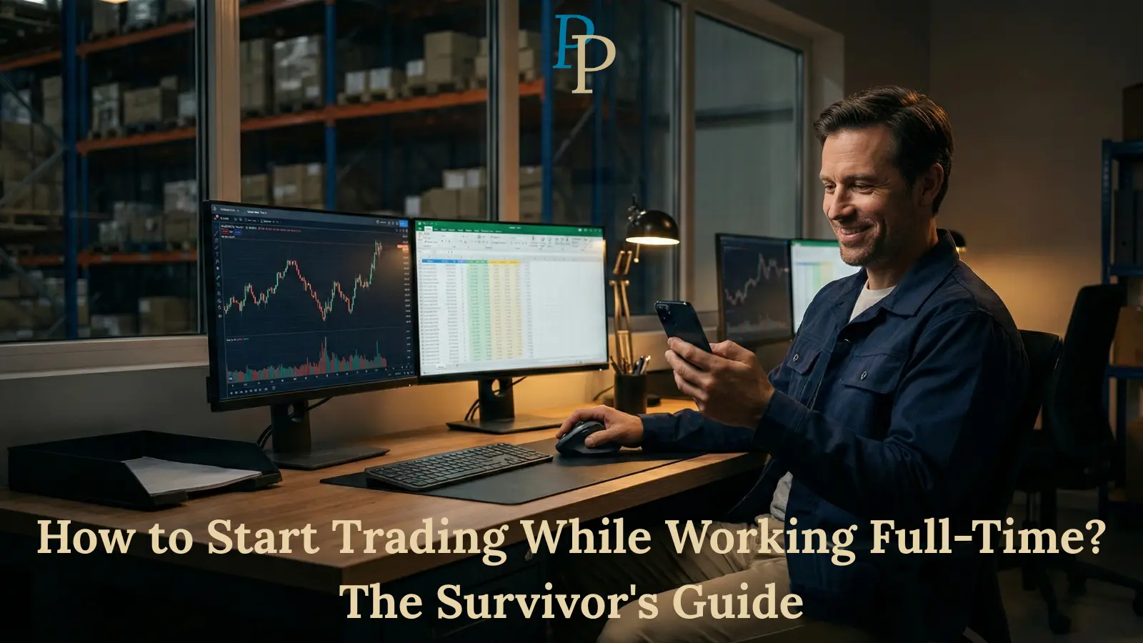 A smiling warehouse worker checking stock trades on his smartphone during a night shift, with financial charts displayed on his dual office monitors