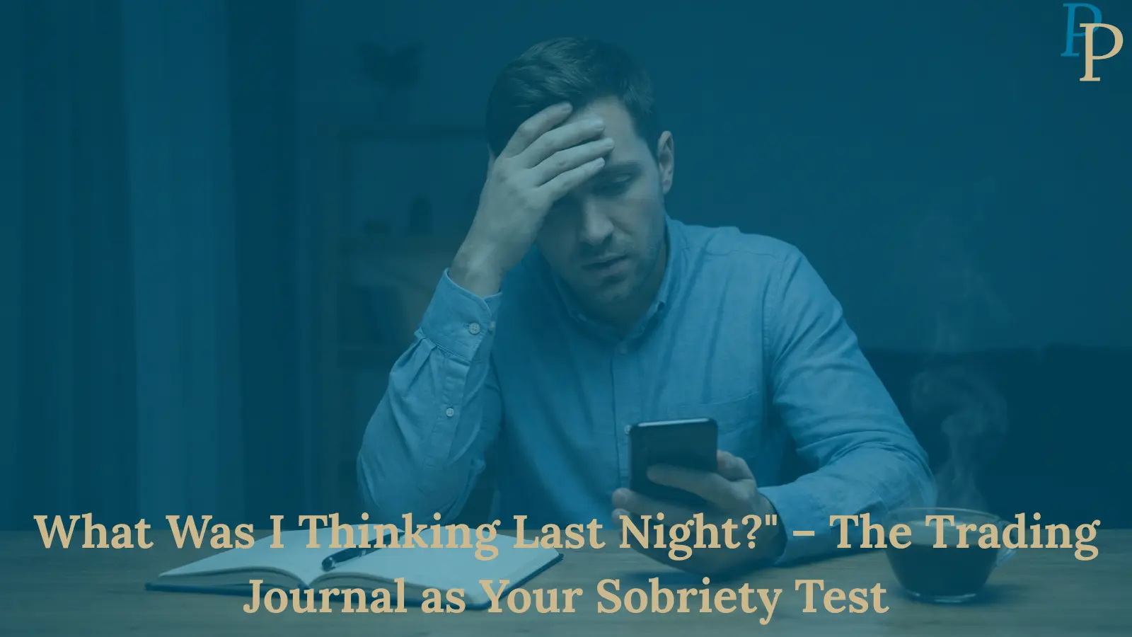 Worried man looking at his phone at his desk at night, with an open trading journal and coffee next to him, illustrating the feeling of a 'trading hangover'
