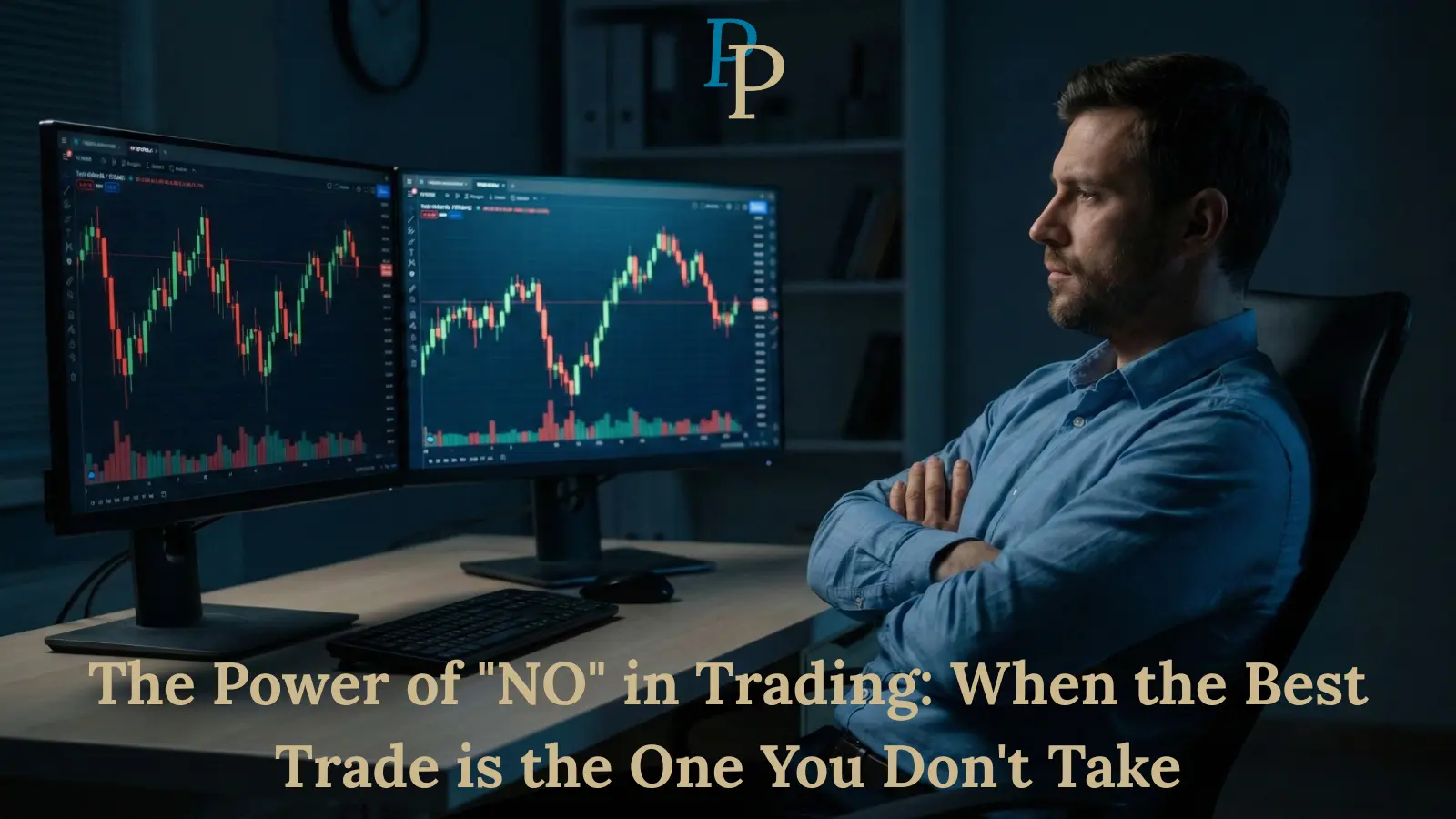 A disciplined trader sits with crossed arms in front of dual monitors displaying financial charts at night, resisting the urge to trade after a long shift.
