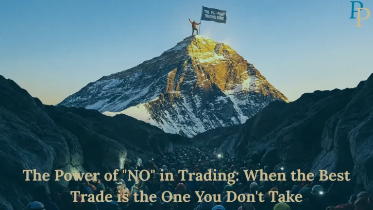 A dramatic image symbolizing the low success rate of prop firm traders. A single climber holds a 'THE 1% - PROP TRADING FIRM' flag on a sun-drenched summit, contrasted with a massive crowd of people stuck in the dark valley below
