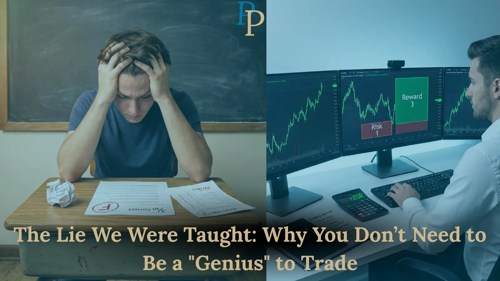 Comparison of a student failing a school test with 3/10 correct versus a professional trader succeeding with a 1:3 risk reward ratio and +20R profit, illustrating the mathematical advantage of risk reward ratio trading