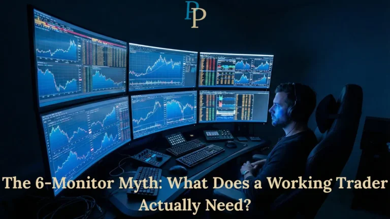 A trader analyzing TradingView charts on a complex six-monitor workstation in a dark room