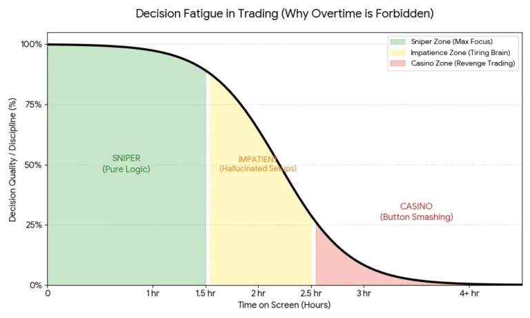 Line graph showing decision fatigue trading and how focus drops over time.