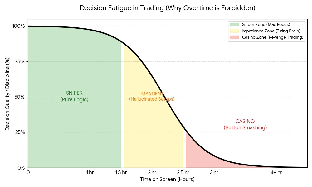 Line graph showing decision fatigue trading and how focus drops over time.
