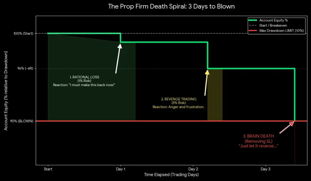 Prop firm death spiral chart showing the impact of revenge trading and FOMO on an account balance